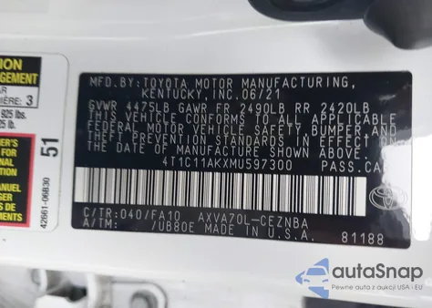 2021 Toyota Camry Le из США, поврежденный, VIN 4T1C11AKXMU597300